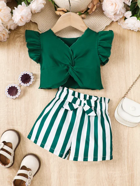0-2 Year Old Baby Girl Summer Fashion Love Collar Ruffled Short Sleeved And Striped Shorts Two-piece Set 1