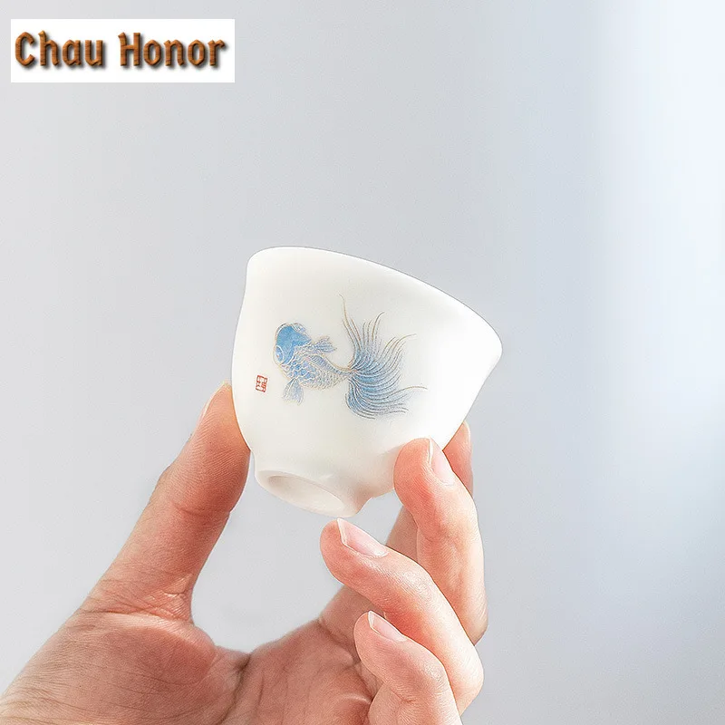 2pc/lot Dehua Whiteware Tea Cup Set Kung Fu Tea Set Koi Fish Tea Cup Individual Cup Master Cup Small Tea Cup Meditation Cup Gift
