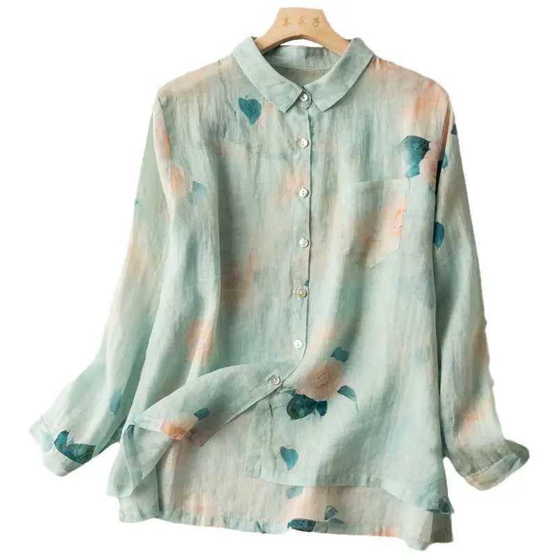 Elegant Blouses Women Fashion 2022 Summer Long Sleeve Top Female Luxury Linen Clothes Button Up Casual Shirt Floral Boho Chic