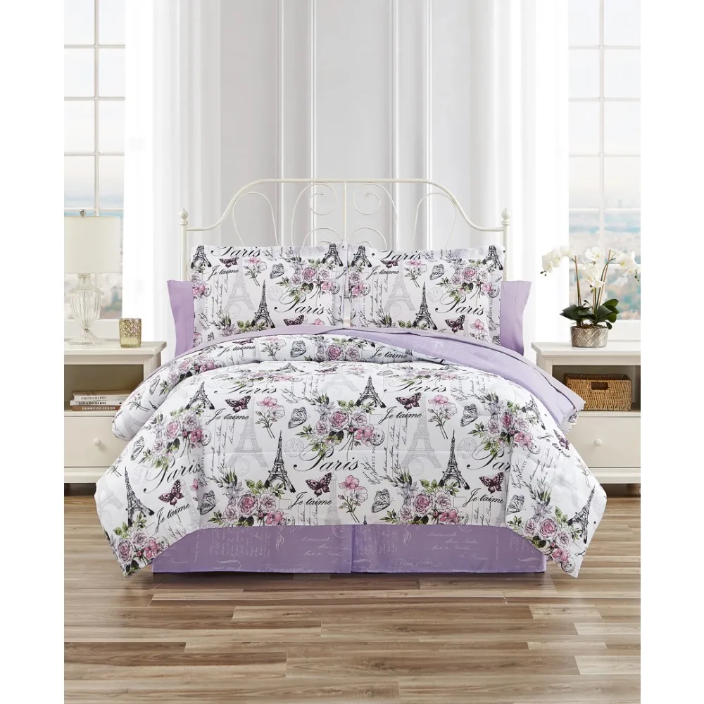 

CEDAR COURT Paris Floral Lilac Ultra Soft Microfiber 8 Piece Reversible Comforter Bedding Set - Queen