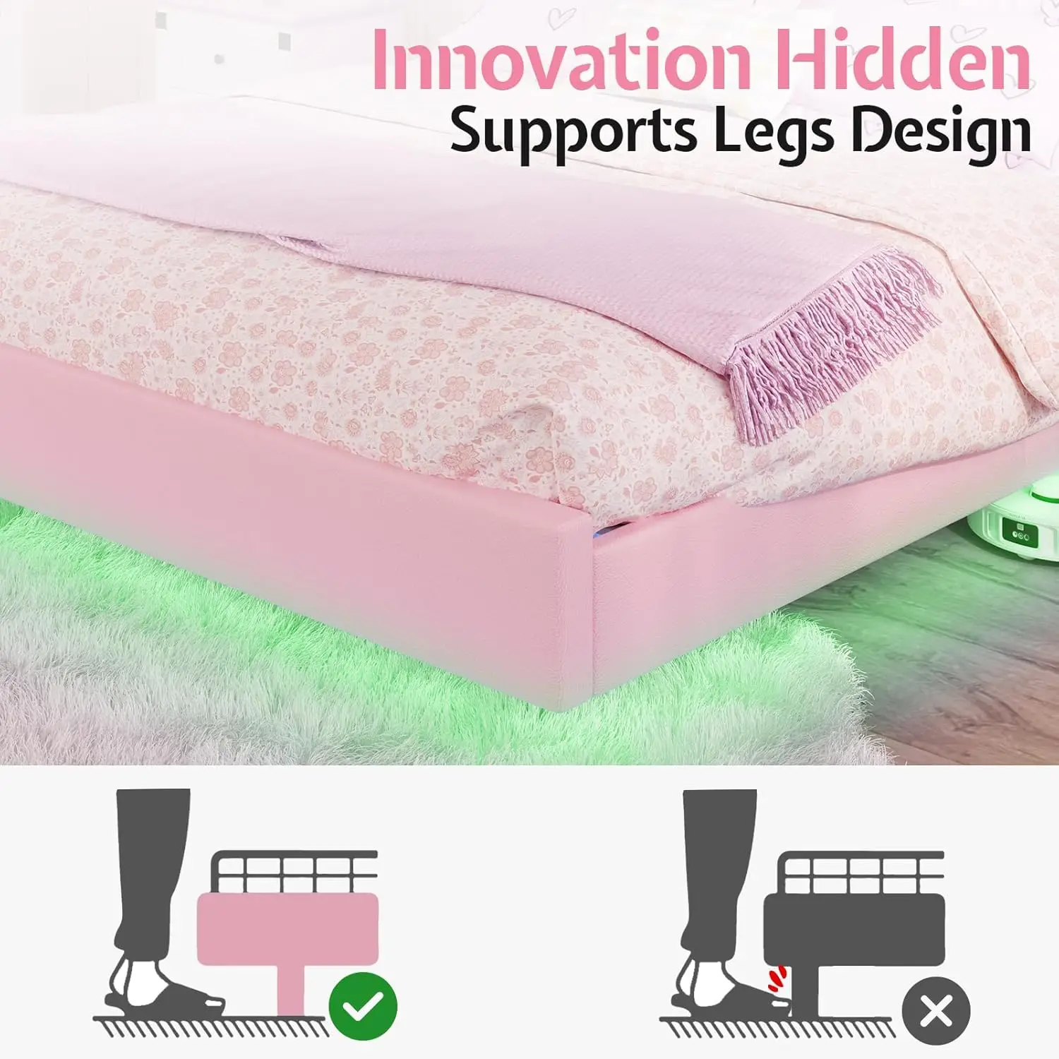 Floating Twin Bed Frame With Adjustable LED Headboard, Cute Leather Upholstered Platform Bed Frame With Wood Slats Support, Easy 产品图片 6