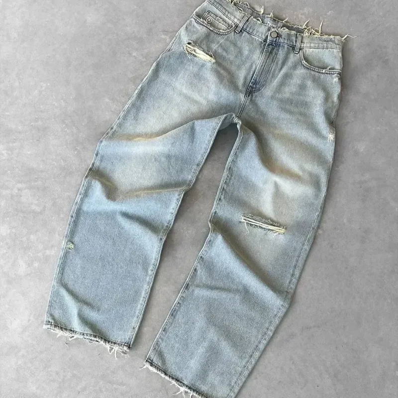 Deeptown Washed Ripped Distressed Jeans 여성 및 남성 홀 자수 와이드 레그 아메리칸 레트로 데님 바지 Baggy Punk Street
