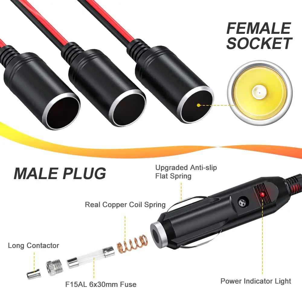 Extractme 16AWG 1 to 4 Car Cigarette Lighter Splitter Adapter Power Charger Port 12V/24V Cigarette Lighter Extension Cord Cable 2