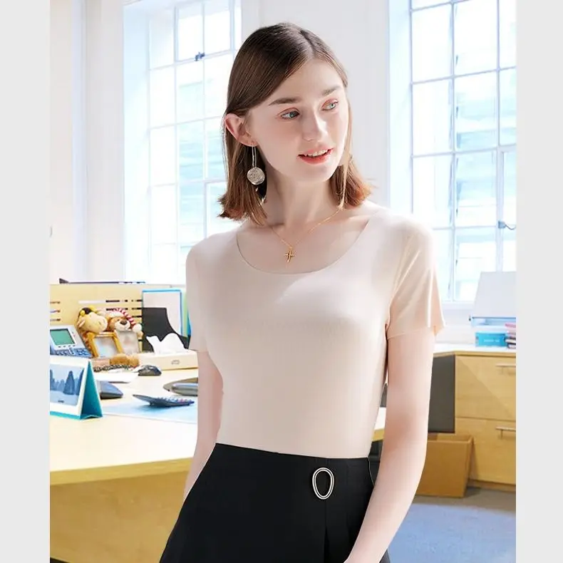 얇은 여성용 아이스 실크 심리스 반팔 O넥 티셔츠, 여성용 슬림 반팔, 여름 트렌드 쿨