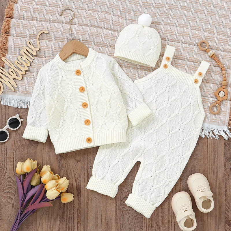 Newborn Baby Clothes Sets Knitted Infant Sweater Long Sleeve+Romper Sleeveless Autumn Chlidren Kid Cardigan +Jumpsuit 0-18M Warm