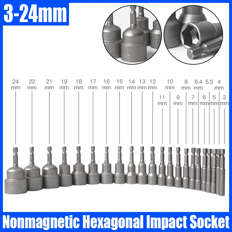 1PCS 3MM-24MM Hex Impact Socket Nonmagnetic Nut Screwdriver Set 1/4 6.35MM Wrench 65MM Long Adapter Electric Drill Socket Kit