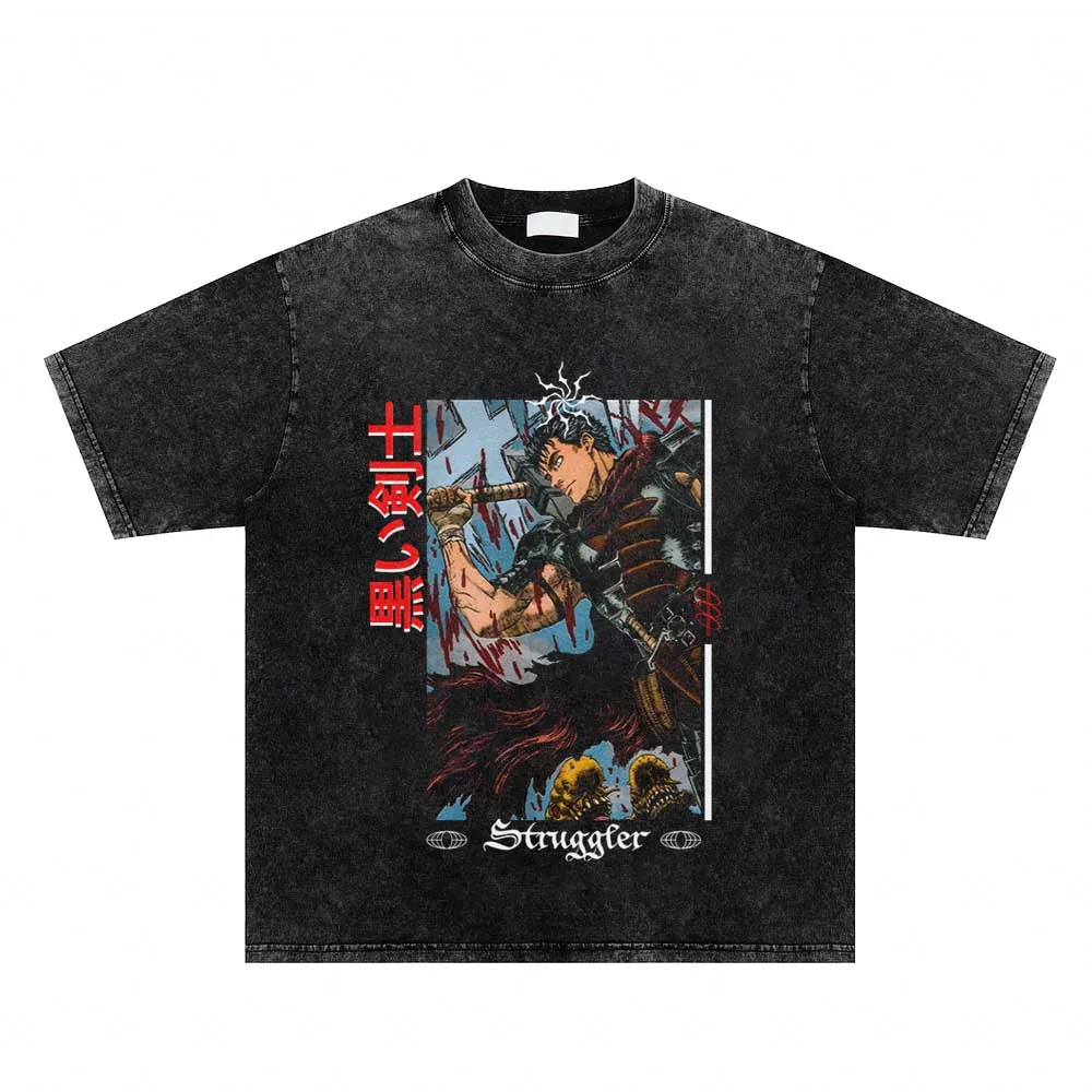 

2023 Men Casual Tops Tees Washed Fashion Berserk Print T-shirts Streetwear Anime T-shirt Cotton Vintage Oversized T-shirt