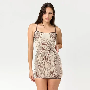 2026 Women High Elasticity Dress Spaghetti Strap Bodycon Mini Dress Retro Western Hottie Sleeveless Figure Hugging Party Dress