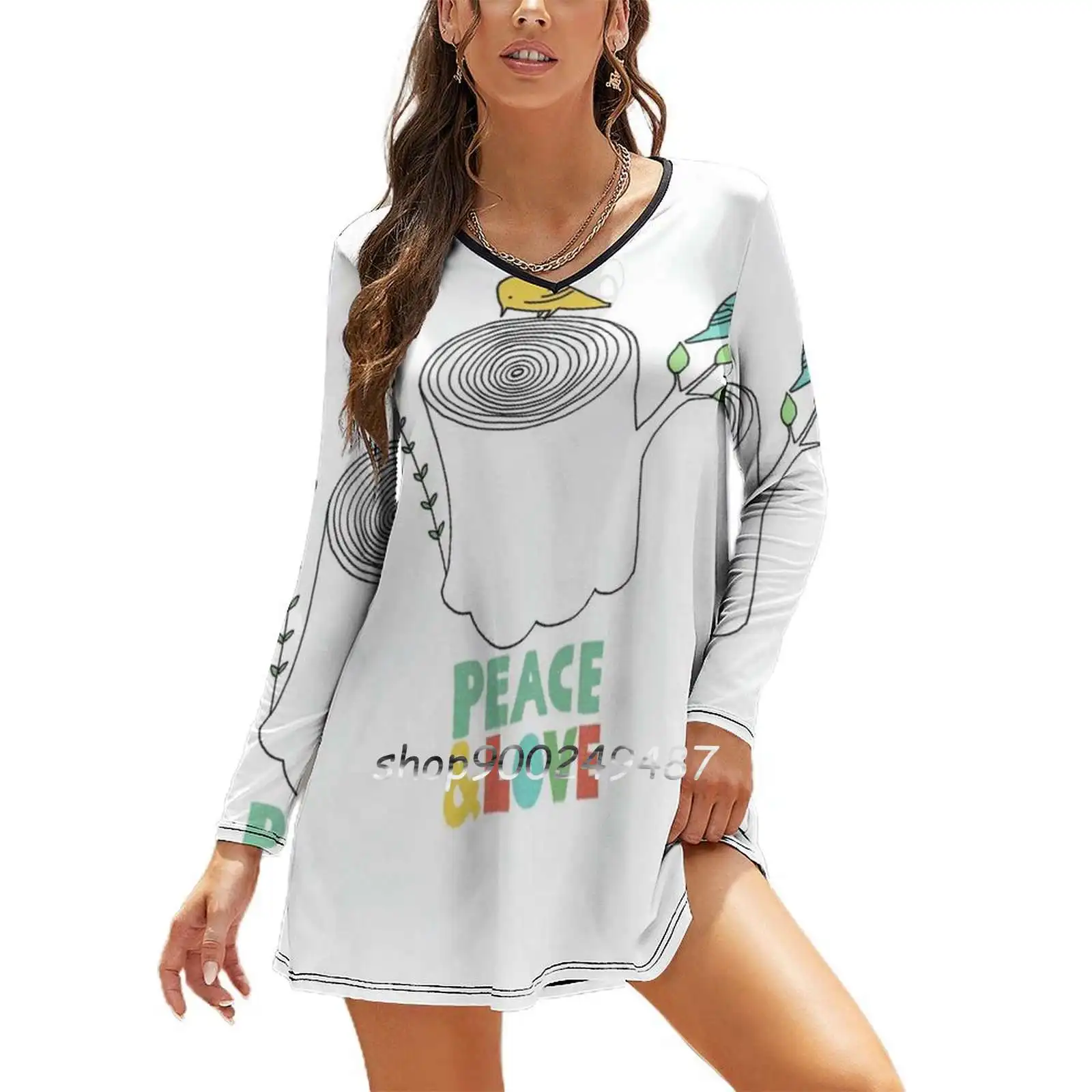 

Peace & Love Long Sleeve Sexy Dresses For Women 2022 Ladies Vintage Elegant Party Dress Birds Nature Tree Tree Stump