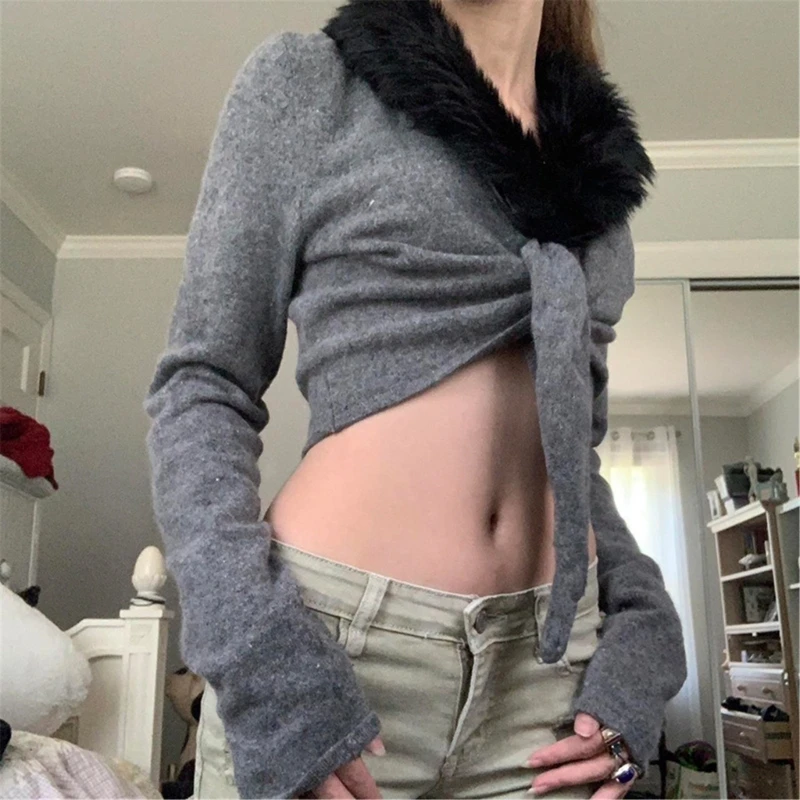

Tie Front Cropped Cardigan Sweater Faux Furs Collar V-Neck Open Front Crop Top