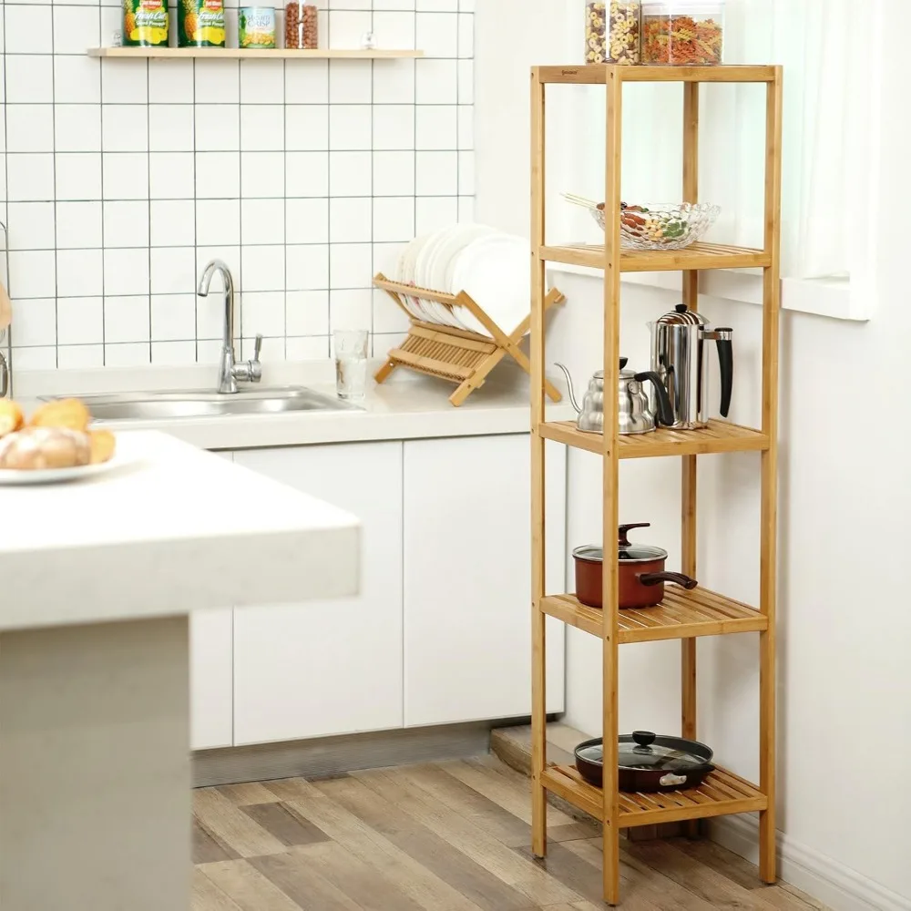 5-Tier Bamboo Bathroom Shelf, Narrow Shelving Unit, Multifunctional Storage Rack, Corner Rack, for Kitchen, Living Room, Bedroom 3