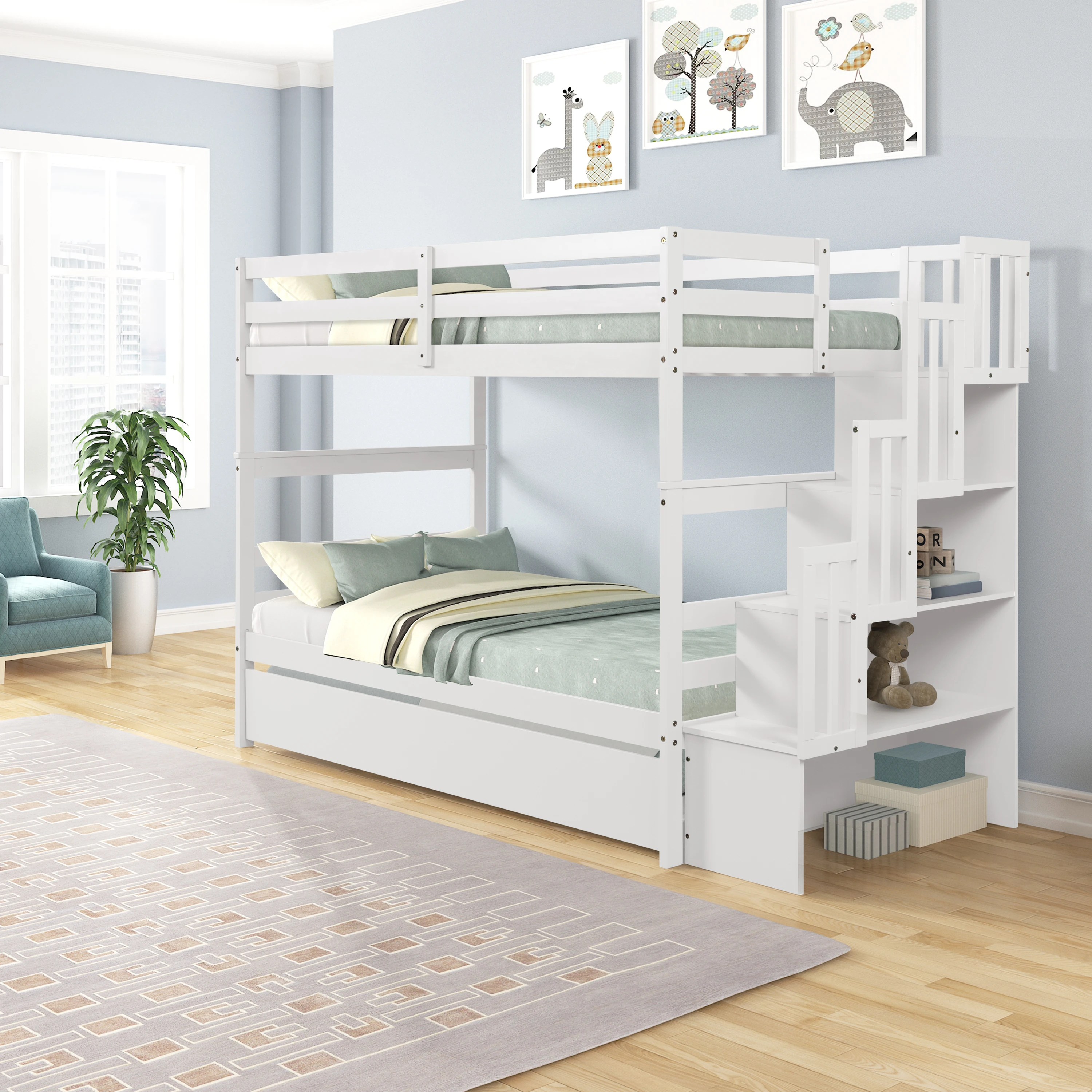 

Two Colors Twin Bunk bed With Trundle with a Sturdy Ladder for Bedroom Furniture for Livingroom US Warehouse