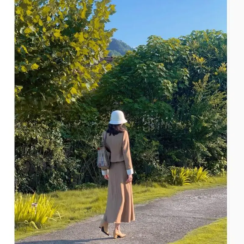 Lnsozkdg 우아한 긴팔 블레이저 활 탑 + 캐주얼 A라인 미디 스커트, 단색 레이디 의류, 프렌치 가을 2 종 세트, 2024 용수철
