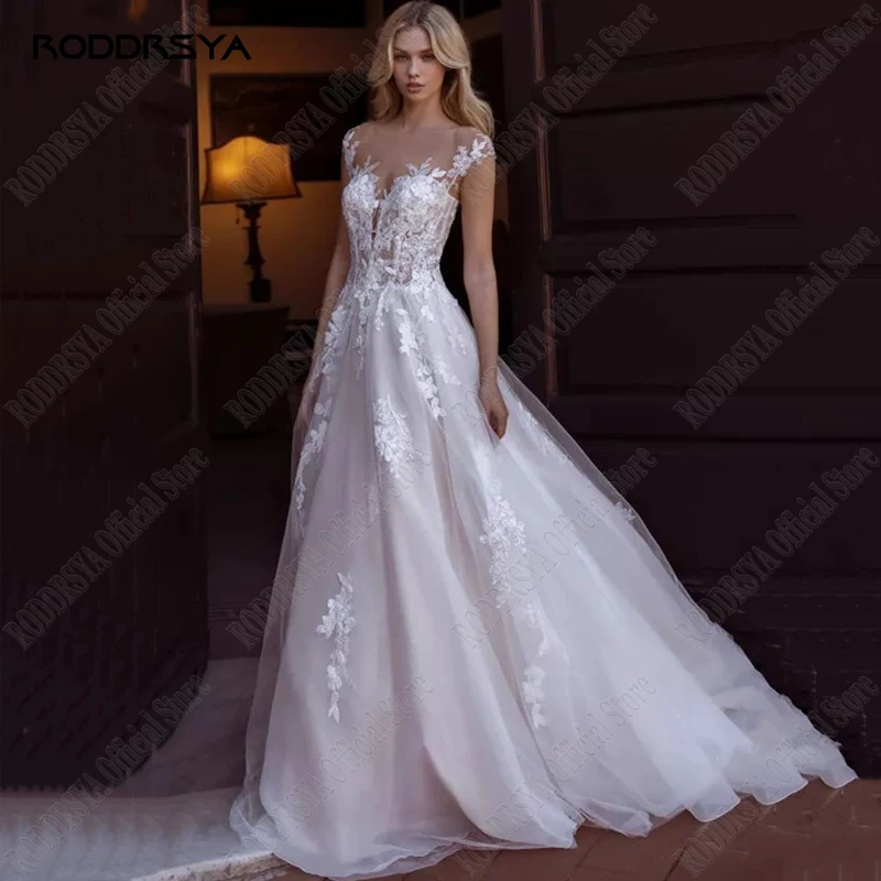 

RODDRSYA V-Neck Cap Sleeve Wedding Dress 2023 A-Line Lace Appliques Tulle Backless Zipper Custom Made Elegant Vestido De Novia