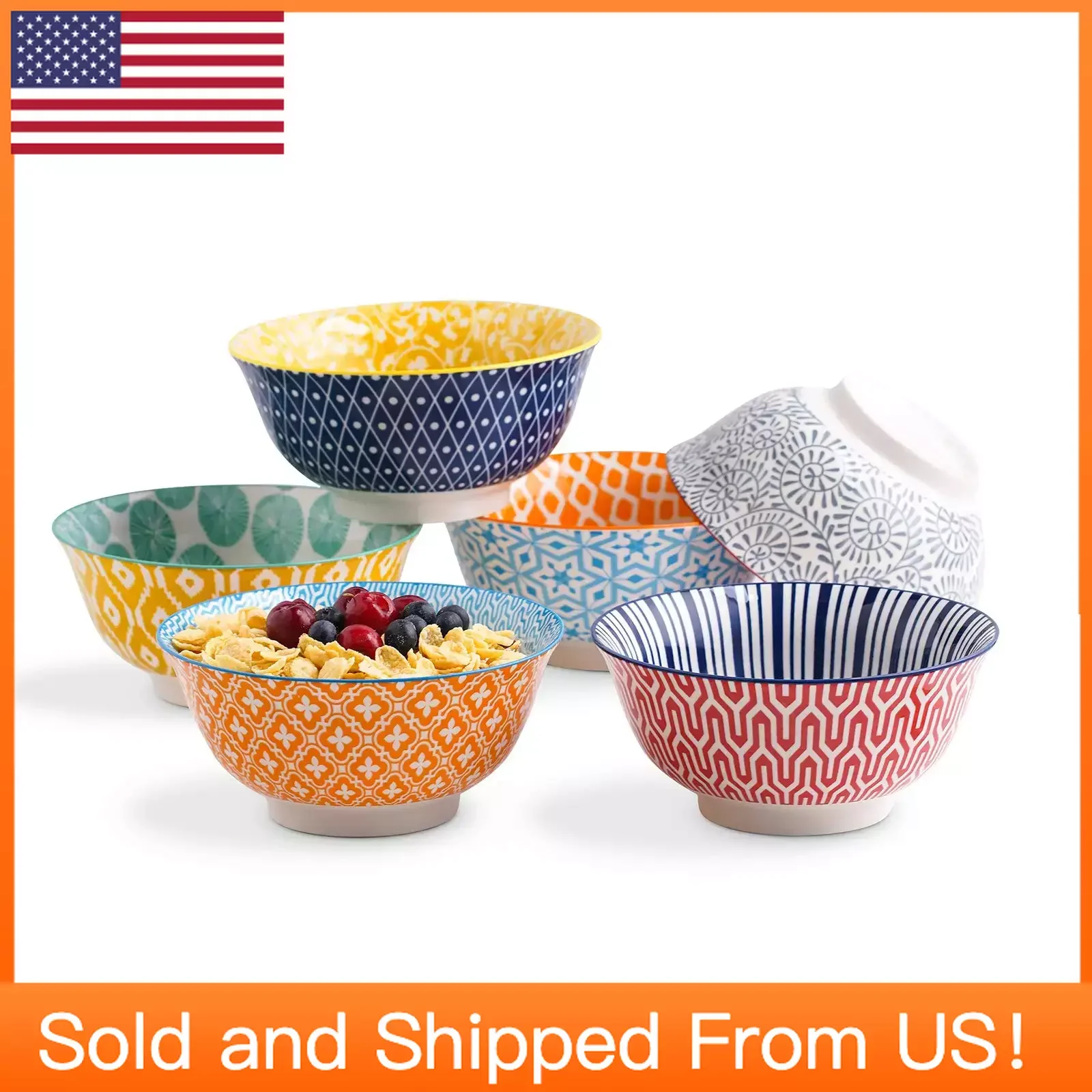 

Porcelain 20oz Cereal Bowl Set - 6 Inch Soup Bowls, Set of 6, Colorful