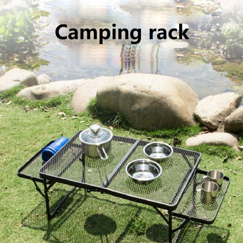 Outdoor Camping Black Table Folding Portable Ultra-Light Aluminum Alloy Binaural Iron Grid Frame Height Coffee Table Adjustable