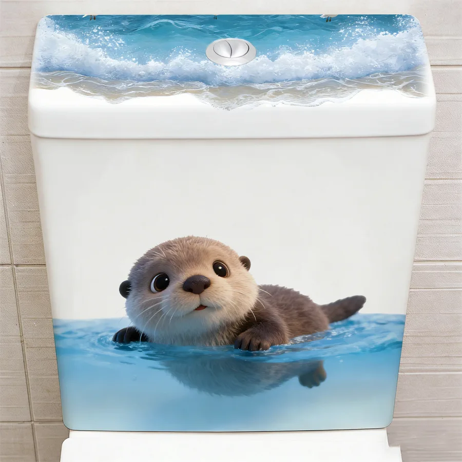 Cute Otter Ocean Wave Toilet Tank Sticker - Vinyl Wall Art