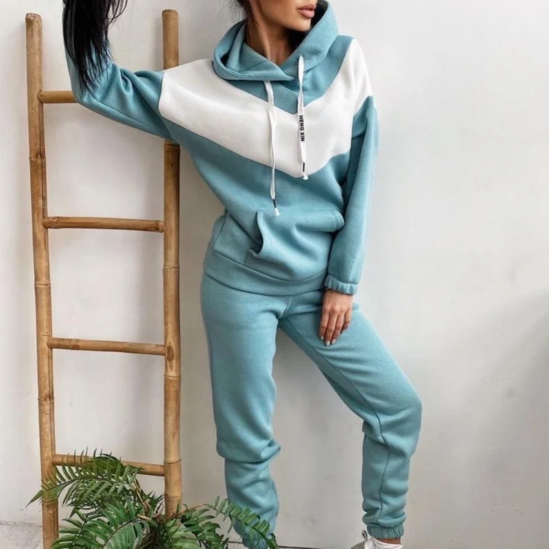 Women Set Hoodie Pants Set Hooded Drawstring Autumn Sweatshirt Winter Women Contrast Color Sweatshirt Pockets Pants for Sports