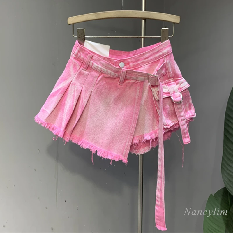 Hot Girl Style Pink Fake Two-Piece Burr Tooling Denim Skirt for Women Summer Irregular Design Pantskirt Fashion 2024 2023 summer new design flower bud high waist curled shorts a line wide leg casual denim shorts for women