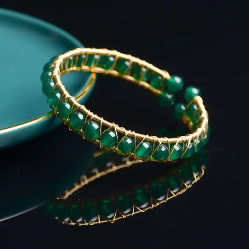 Vintage Bangle Bracelet Women Luxury 14k Gold Green Agate Cuff Bracelet Fengshui Jewelry 2022 Trend New