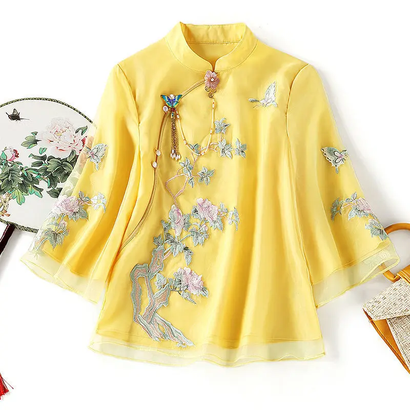 Cheongsam Women's Plus Size Hanfu Tops New Chiffon Embroidery Splicing Chinese Style Retro Tang Costume Qipao Shirts Woman