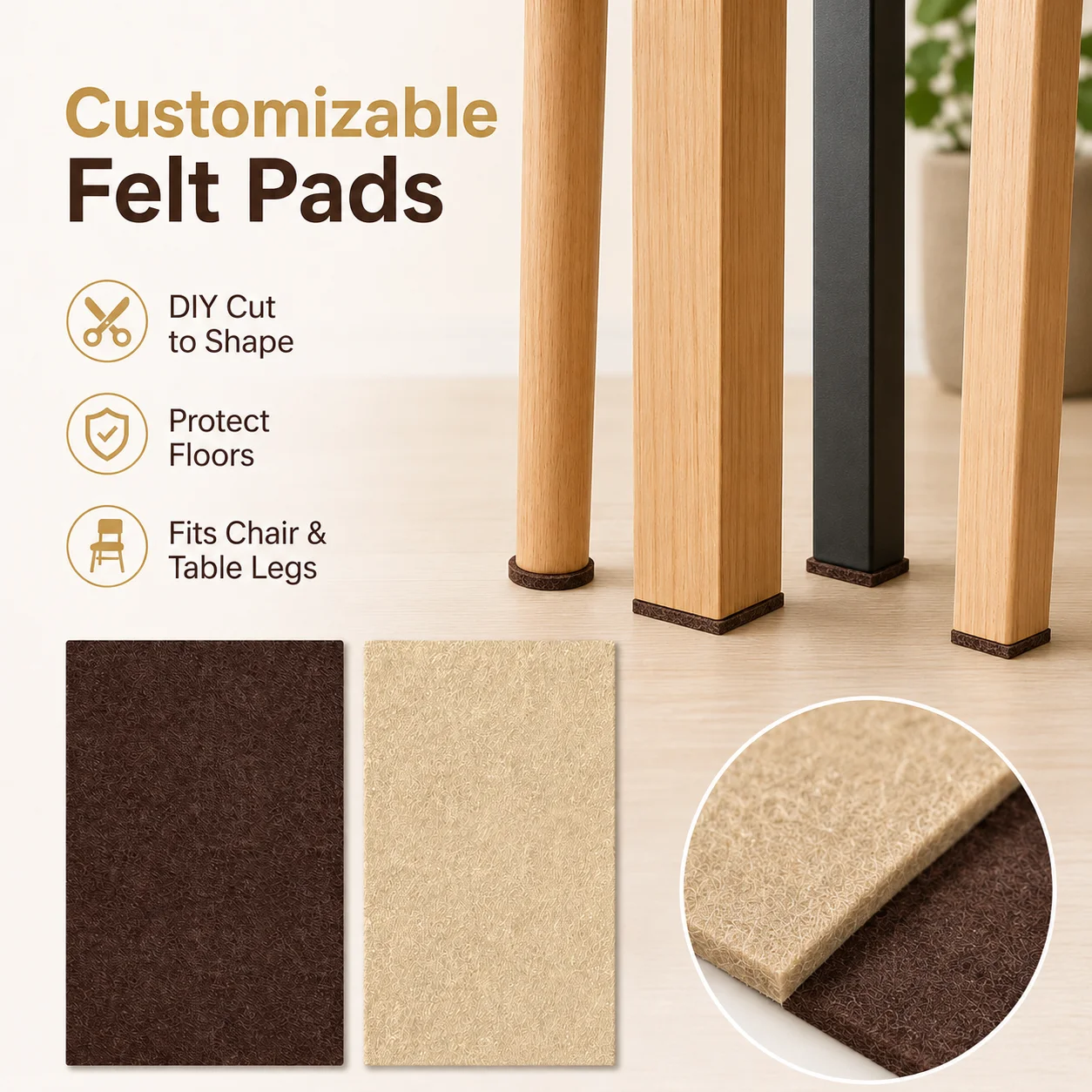Customizable Felt Pad Sheet for Furniture Legs - DIY Cut-to-Fit Floor Protectors in Brown Beige