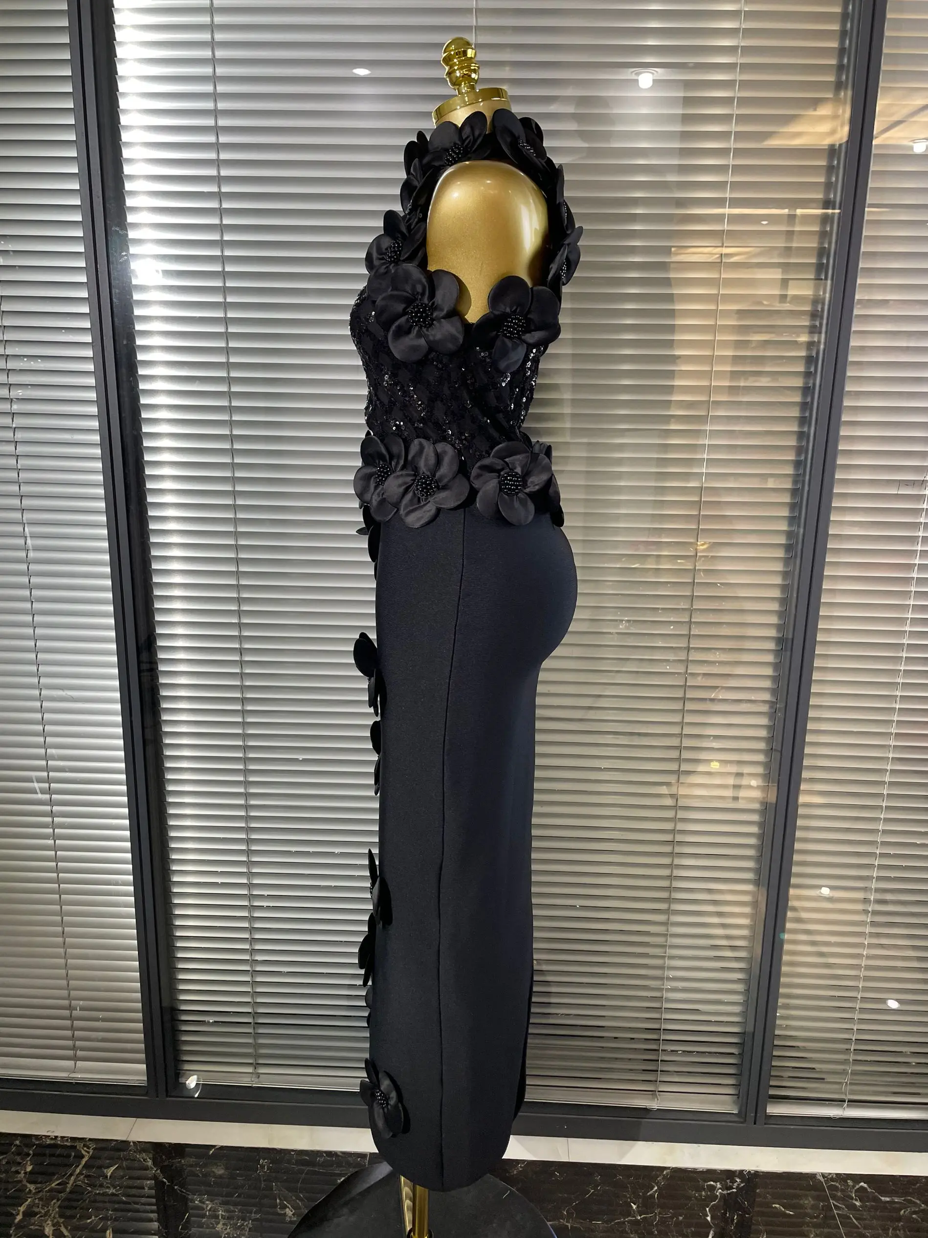 Black Red Women Shining Sequins Florals Sexy O-Neck Bodycon Bandage Long Dress Evening Party Christmas Birthday Outfit