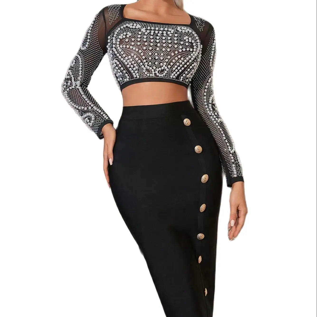 

Shiny Diamond Pearl Long-sleeved Top T-shirt Button Fishtail Wrapped Hip Suit Skirt Two-piece Bandage Banquet Party Dressss