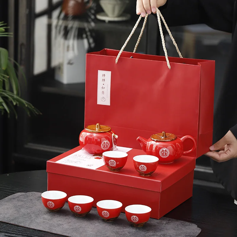 Ceramic Tea Set for Chinese Wedding, Persimmon Teaware, Kung Fu Tea, Porcelain Orange Teapot, Creative Tea Ceremony