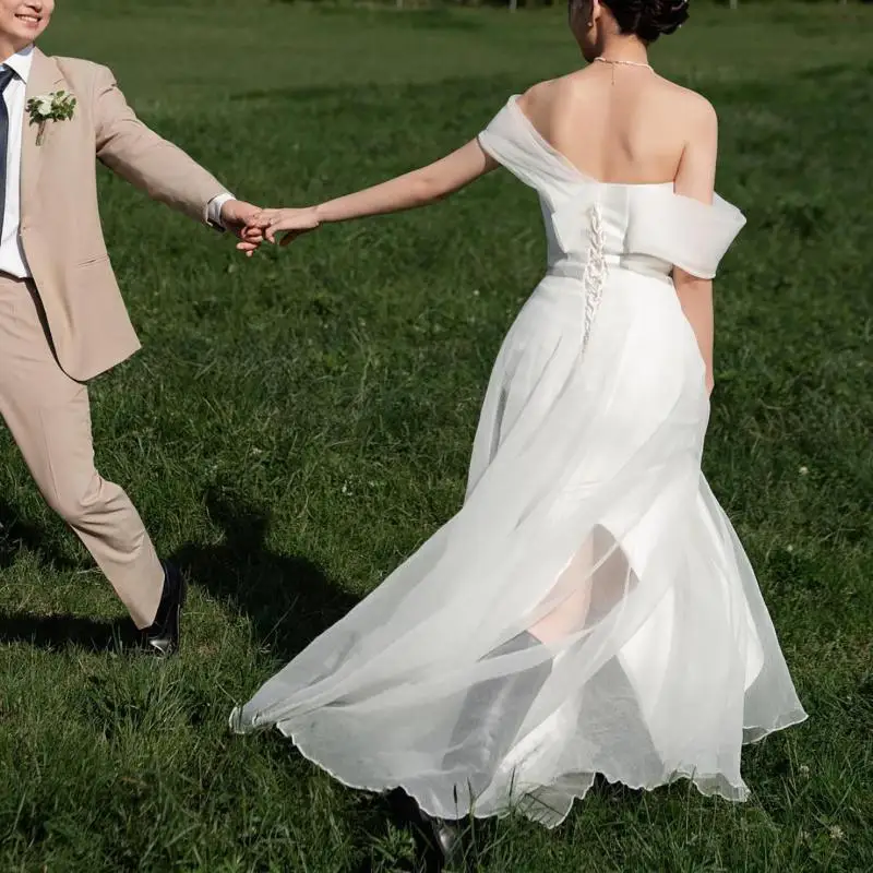 Plus Size Women's Wedding Dress Elegant Long A-line Simple Bridal Dresses New Boat Neck Sexy Backless Birthday Party Dress