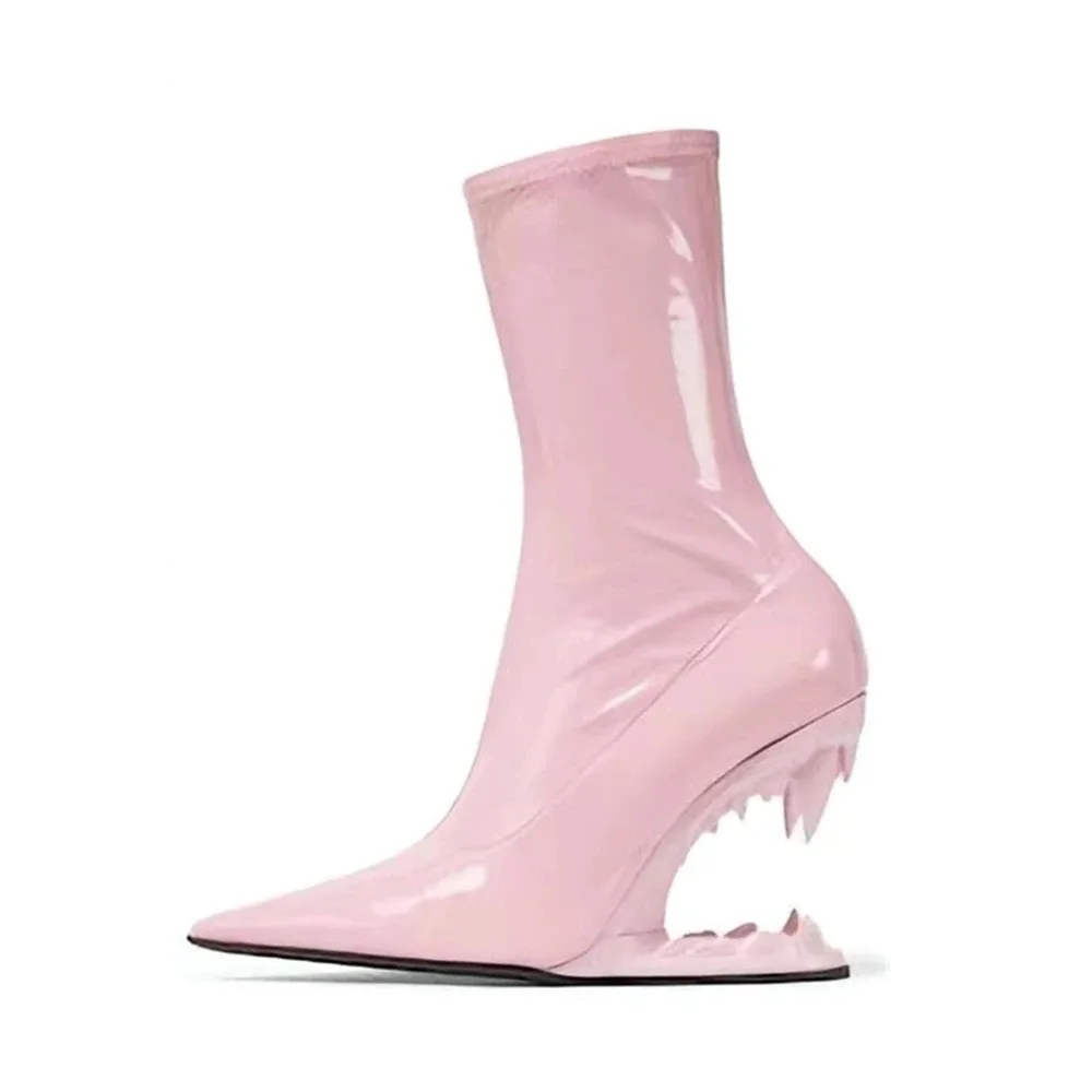 

Pink Strange Style Fretwork Botas Pointed Toe Boots Patent Leather Zapatos Para Mujeres Solid Botte Femme Slip-On High Shoes