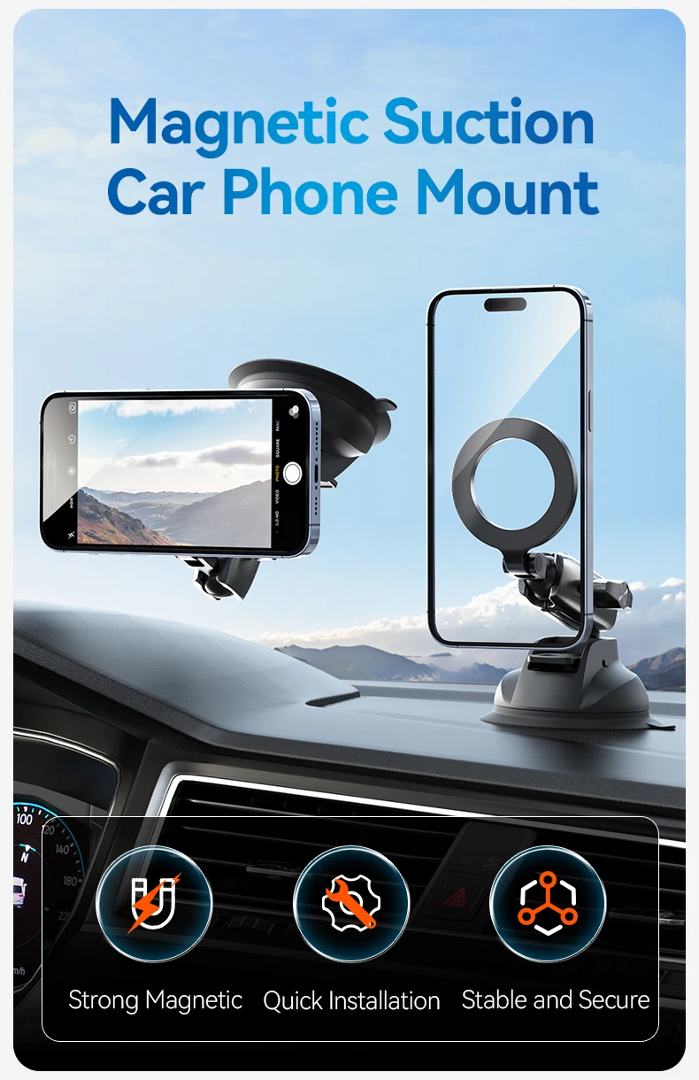 Magnetic Car Phone Holder Suction Cup 360° Adjustable Car Mount Stand For Mobile
