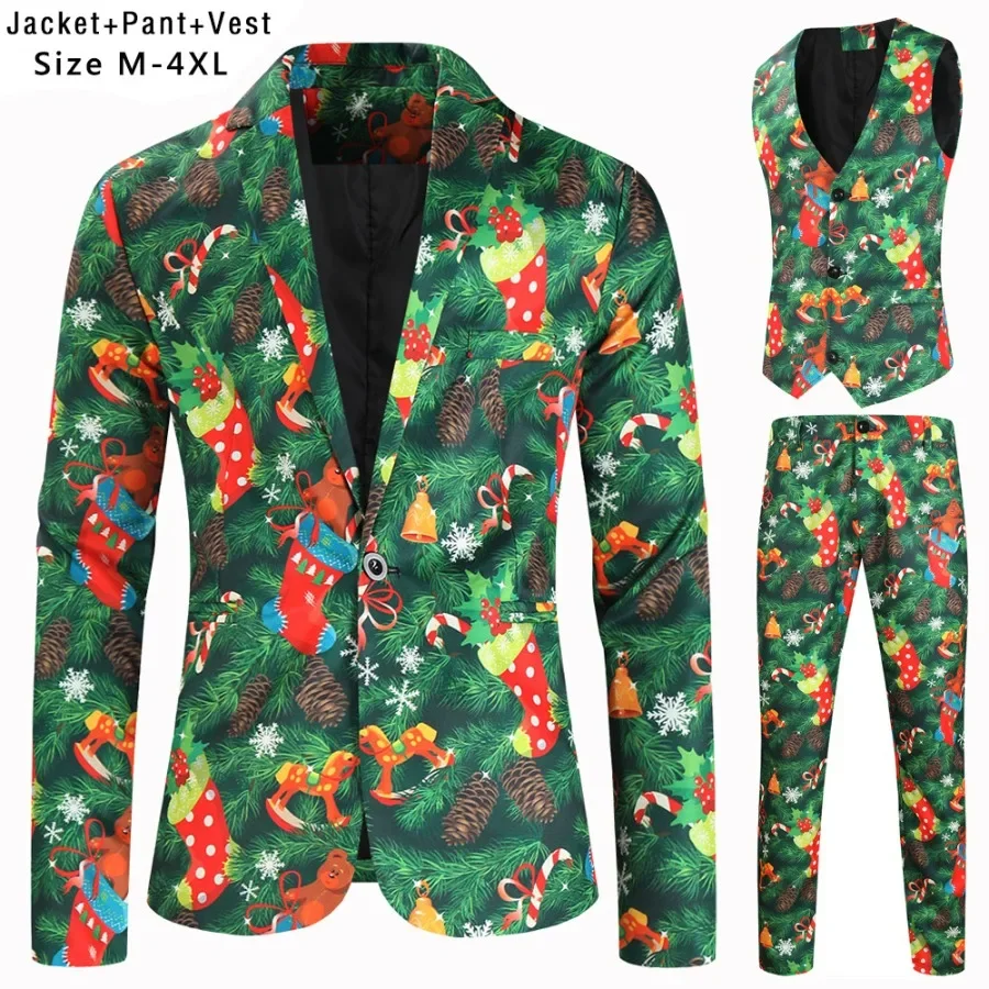 2024 Funny Christmas Cartoon Men's Printed 3 Piece Sets (Blazers+Vest+Trousers) Fashion Prom Party Stage Dress Up New Men's Sets