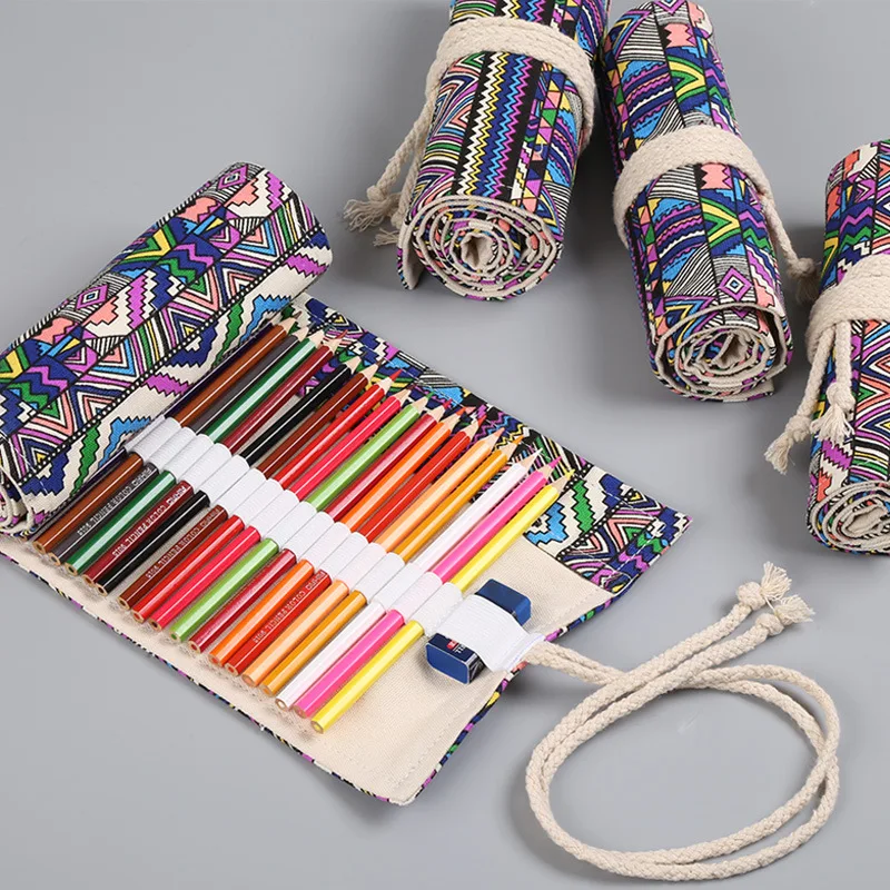 

48 Holes Ethnic Style Canvas Roll Up Sketch Pencil Case School Students Supplies Brush Pen Bag Cute Pencil Cases Stationery