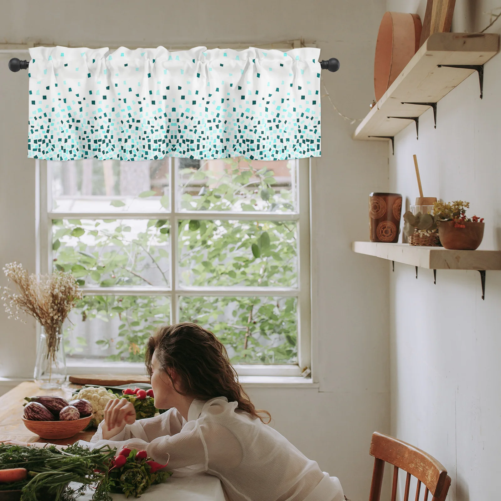 ZEDLIYU Valances for Windows Kitchen Living Room Small Window Valance Ombre Geometry Teal 1 Panel 6