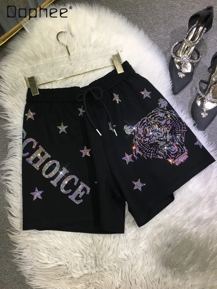 Heavy Embroidery Hot Drilling Shorts Women 2024 Spring Summer Cartoon Leopard Black Casual Sports Shorts Wide Leg Pants Female