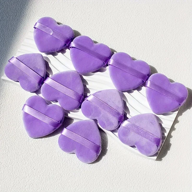 10PCS Heart Velvet Puffs w/ Ribbon Handle - Hypoallergenic Dual-Use Makeup Sponge for Face & Body | Eco-Friendly Beauty Tools