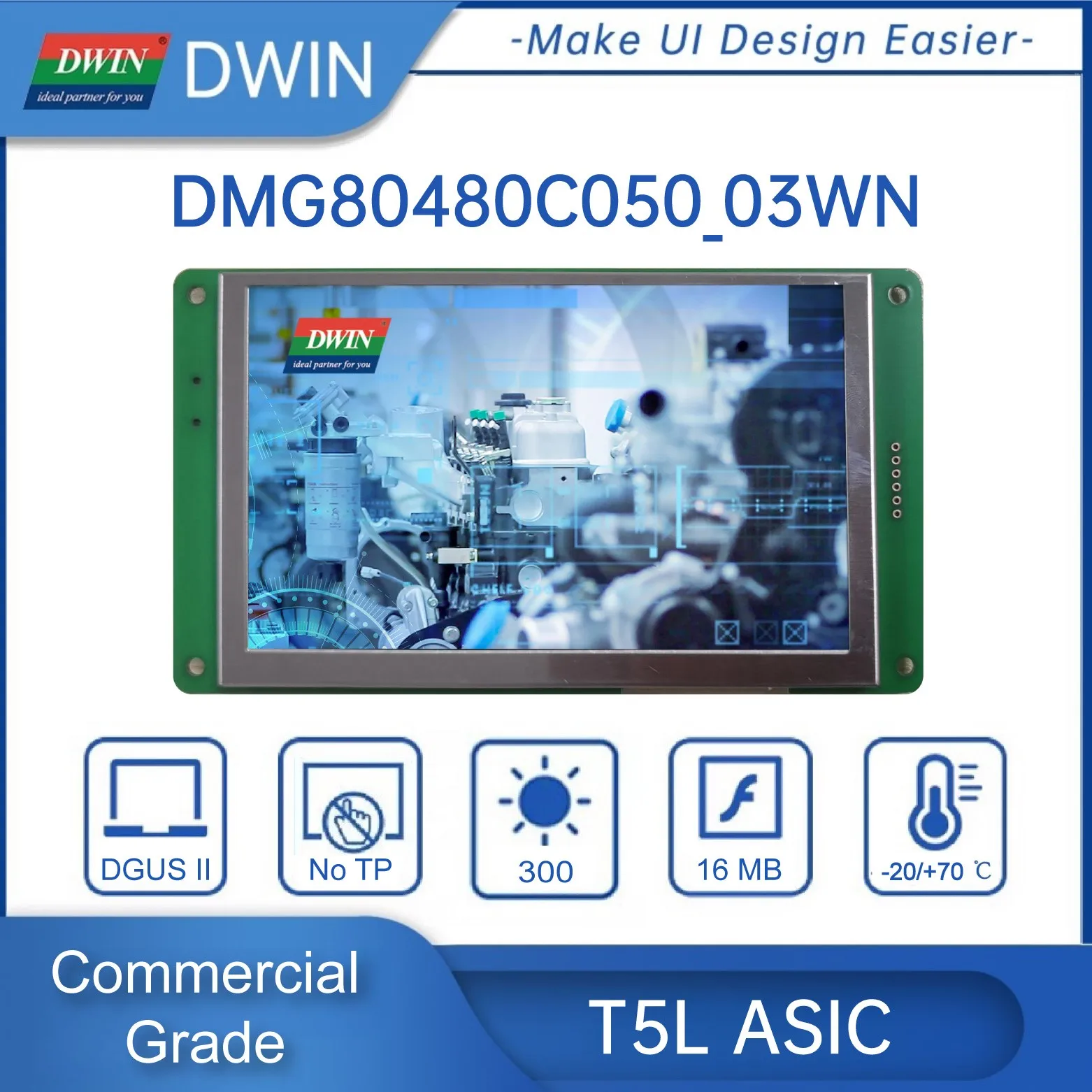 DWIN 5.0 Inch HMI Intelligent Module, LCD Display, 800*RGB*480, Reserved WIFI/USB Interface  - DMG80480C050_03WTC