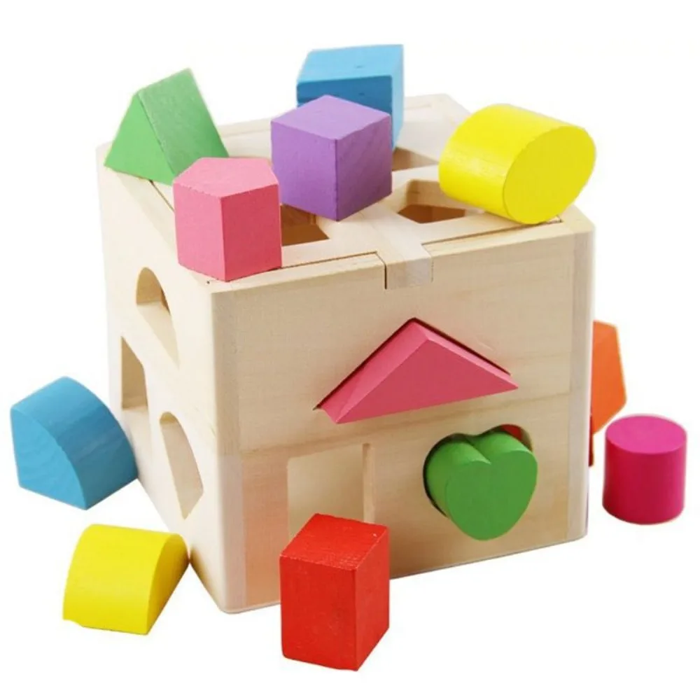 Wooden Montessori Shape Sorter 13 Hole Square Box Shape Sorting Cognitive Development Colorful Building Blocks Kindergarten