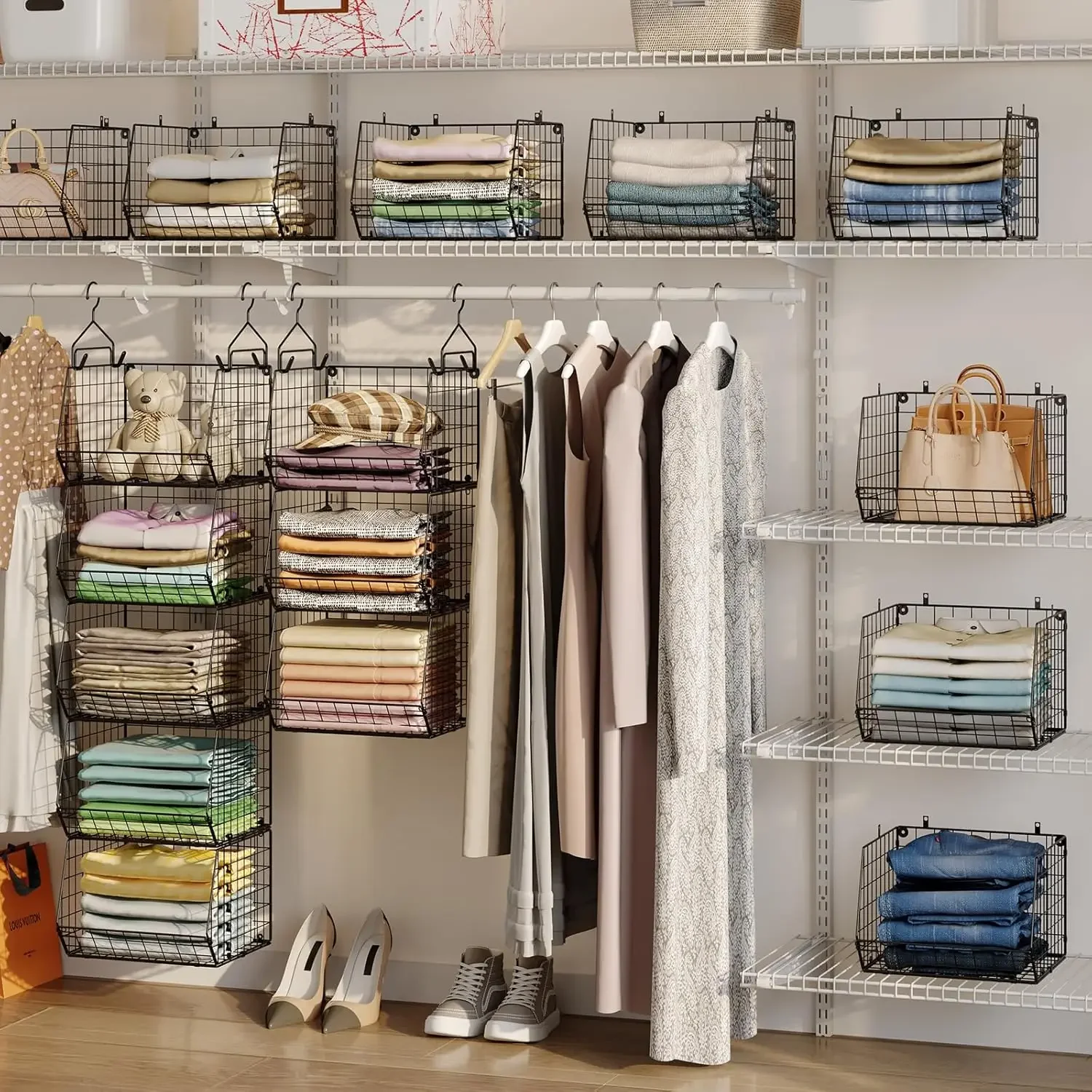 6 Tier Closet Hanging Organizer, Clothes Shelves with 2 Pair Hooks,5 S Hooks, Wire Storage Basket Bins, for Clothing Sweaters 5