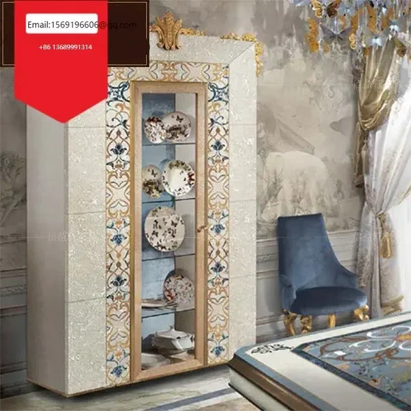 

Italian luxury European style solid wood display wine cabinet villa palace neoclassical glass lockers