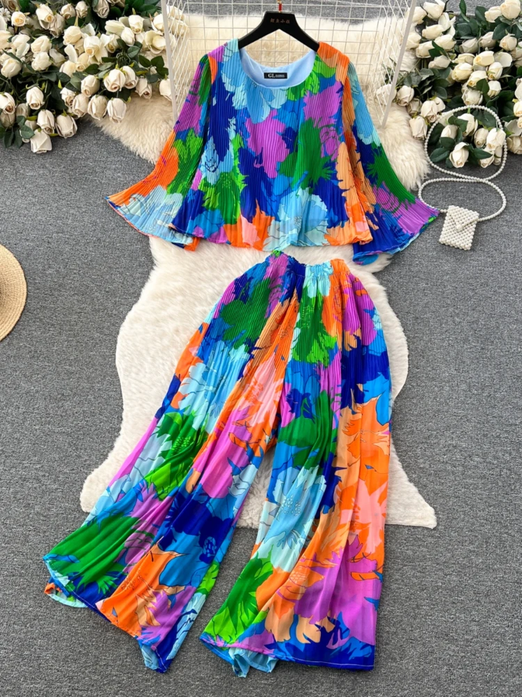 Jewel Neck Layered Chiffon Poncho Top and Wide Leg Pant Suit Royal Blue