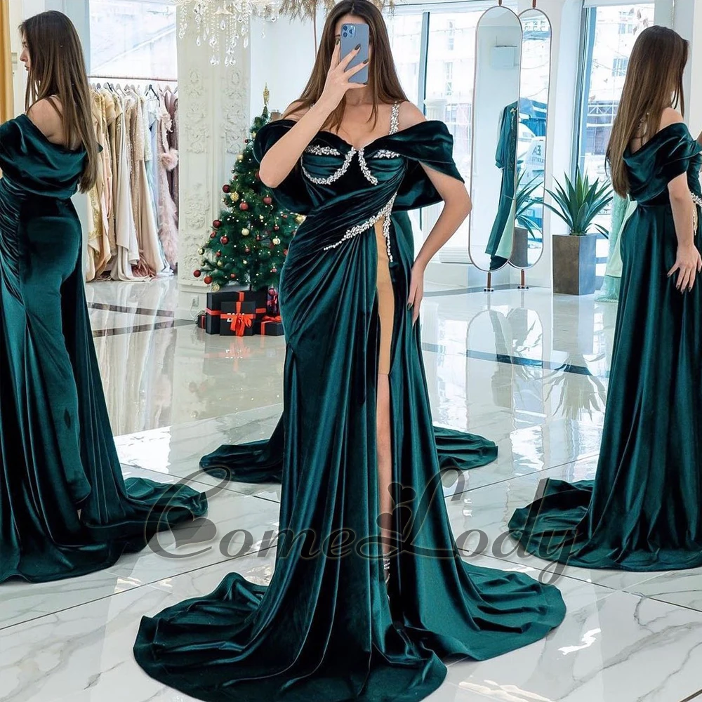 

Comelody Classic Satin Prom Dresses for Women High Slit Off the Shoulder Chapel Train Rhinestones Abendkleider Saudi Arabric