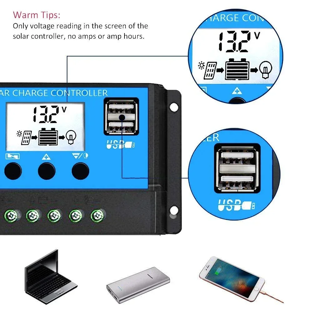 Solar Charge Controller 12V/24V PWM 10A 30A 60A 100A Adjustable LCD Display Timer Setting