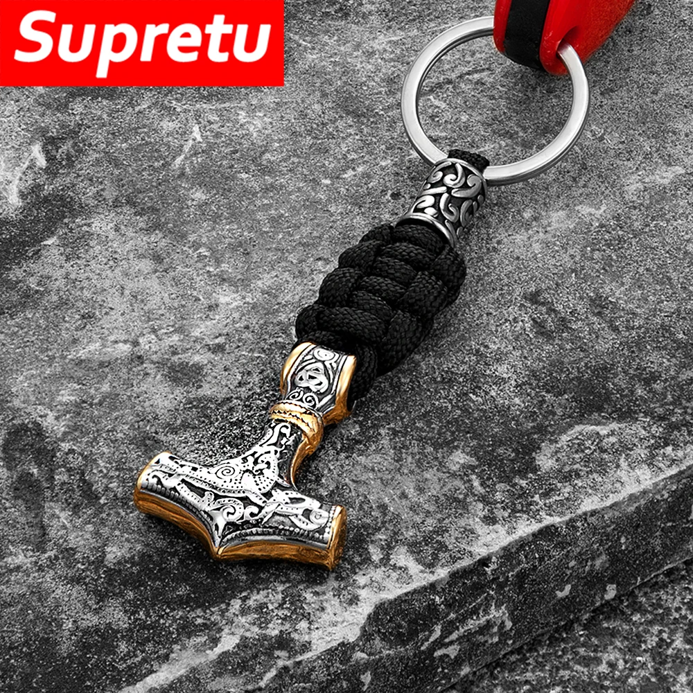 Retro Vikings Thors Hammer Survival Rope Portachiavi Uomo Portachiavi In Pelle In Acciaio Inossidabile Amuleto Fatto A Mano Rune Nordiche Anchor Jewel