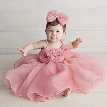Vestito da neonata grande cerimonia di fiori rosa 1 ° compleanno vestiti per battesimo fiocco principessa bambini Costume festa abito da sposa abiti