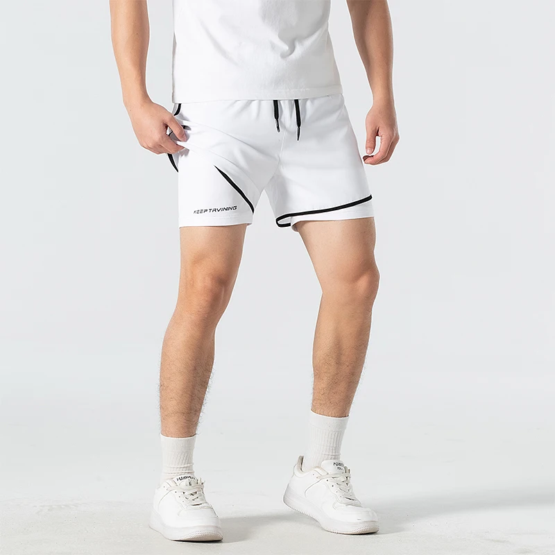 Summer New Unisex Sports Running Shorts Spanelled Pockets Elastic Waist Drawstring American Quick Drying Fake Two Pieces Shorts