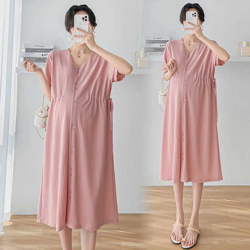 

Pregnant Woman Dress Summer 2023 Fashion Elegant Loose Short Sleeve Maternity Nursing Dress Button Fly Drawstring Waist Dresses