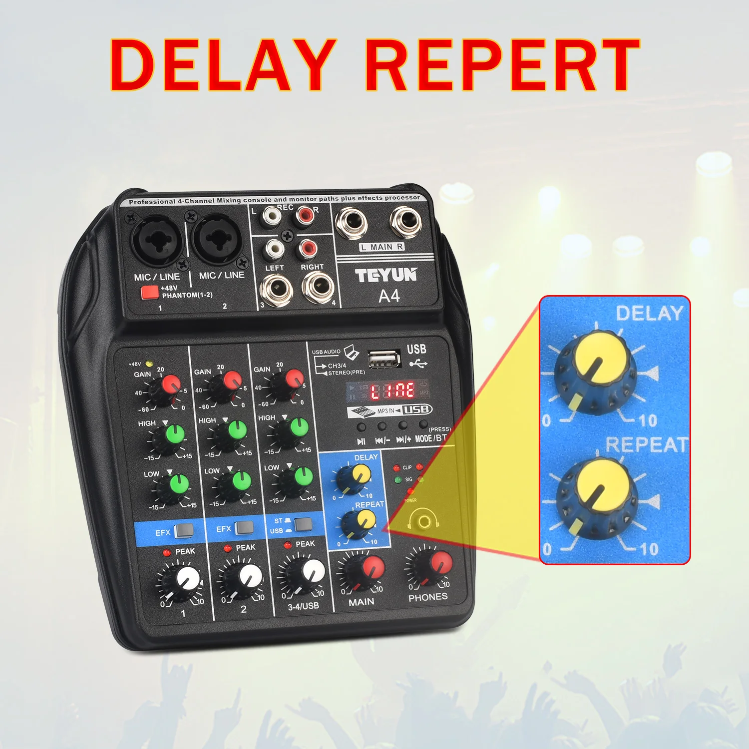 Portable Audio Sound Mixer Delay Repeat Effect 4 Channel 48V Bluetooth Mixing Console USB PC Record Play Broadcast Table A4