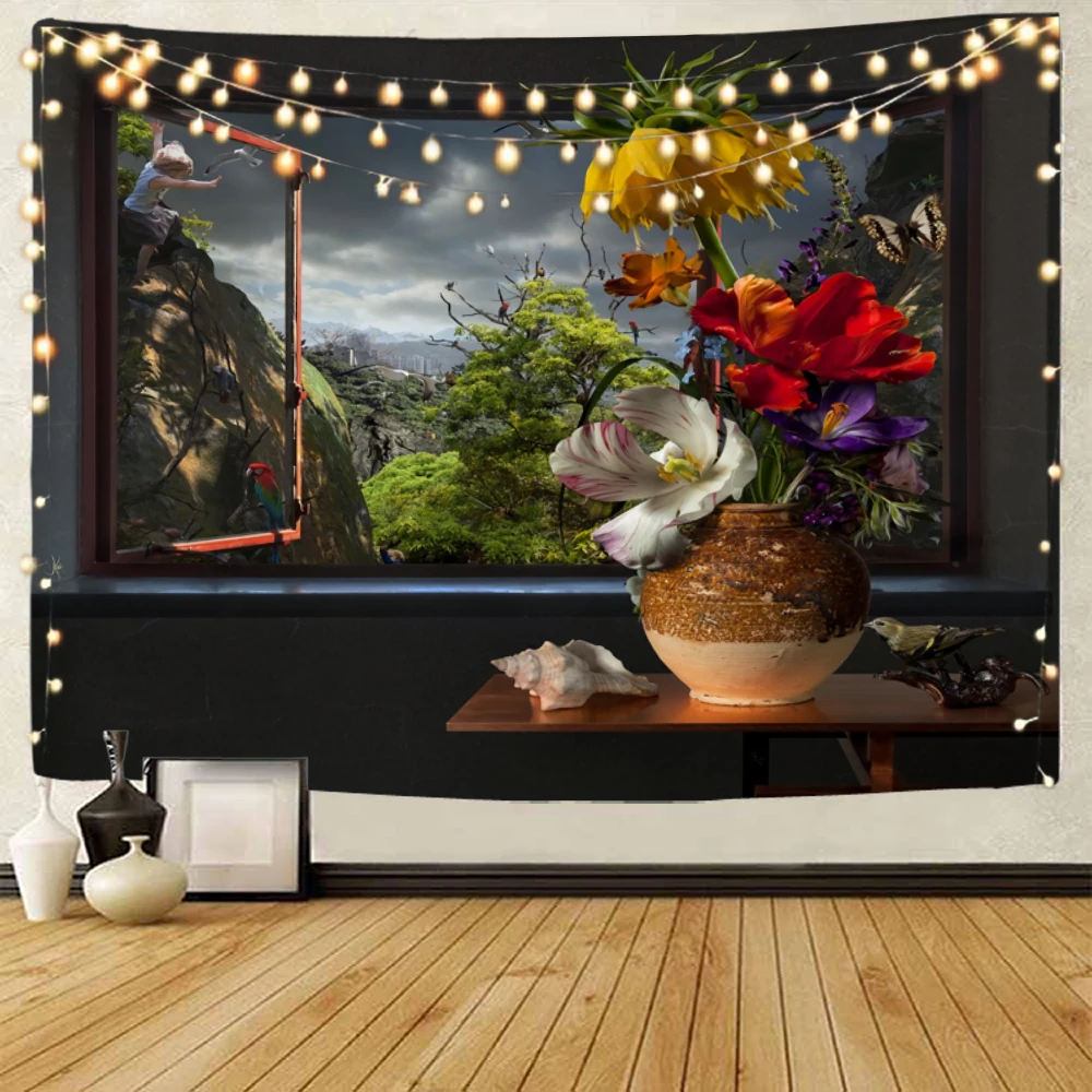 Beautiful door and window background decoration tapestry, small bridge outside the window, flowing water decoration tapestry